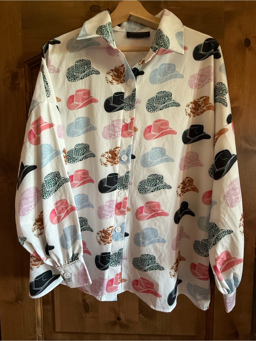 Women’s White Button-Down Shirt with Multicolor Hat Print
